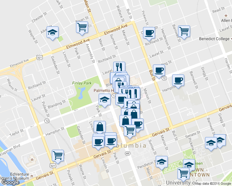 map of restaurants, bars, coffee shops, grocery stores, and more near 1545 Main Street in Columbia