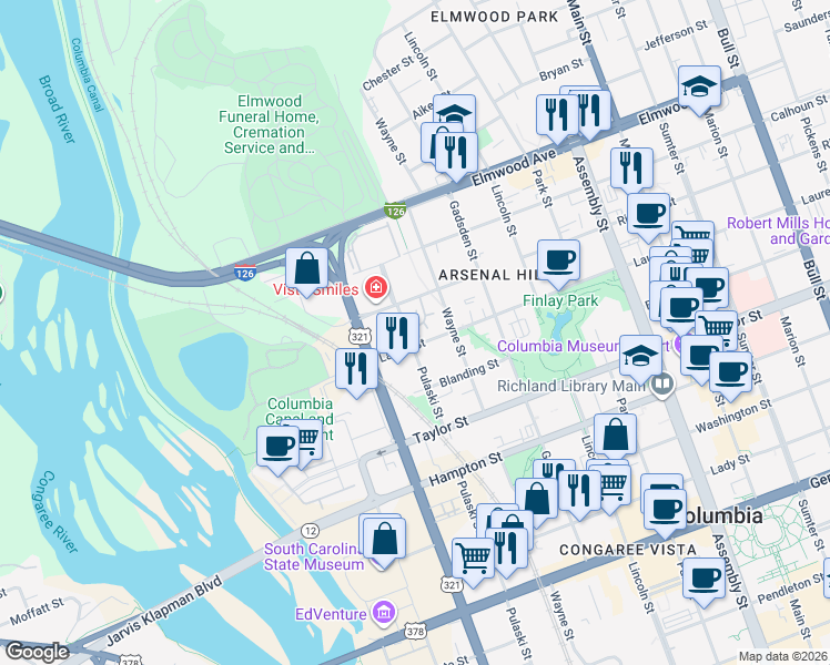 map of restaurants, bars, coffee shops, grocery stores, and more near 607 Laurel Street in Columbia