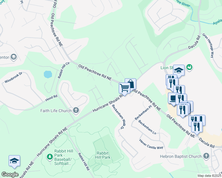 map of restaurants, bars, coffee shops, grocery stores, and more near 2050 Hurricane Shoals Road Northeast in Dacula