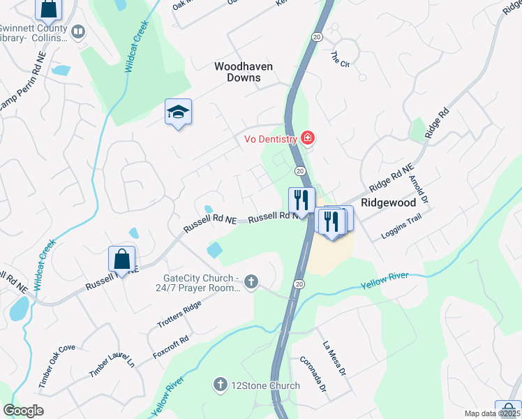 map of restaurants, bars, coffee shops, grocery stores, and more near 1525 Brantin Drive in Lawrenceville
