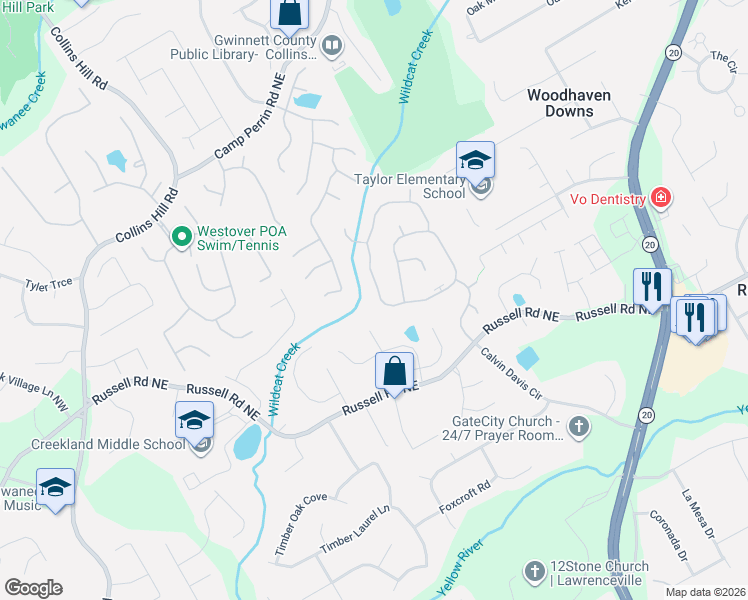 map of restaurants, bars, coffee shops, grocery stores, and more near 2090 Waters Ferry Drive in Lawrenceville