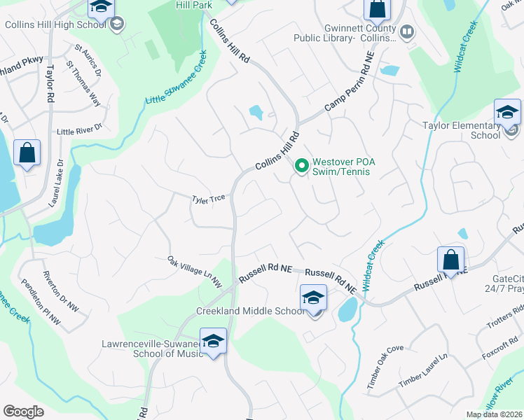 map of restaurants, bars, coffee shops, grocery stores, and more near 105 Foster Trace Drive in Lawrenceville