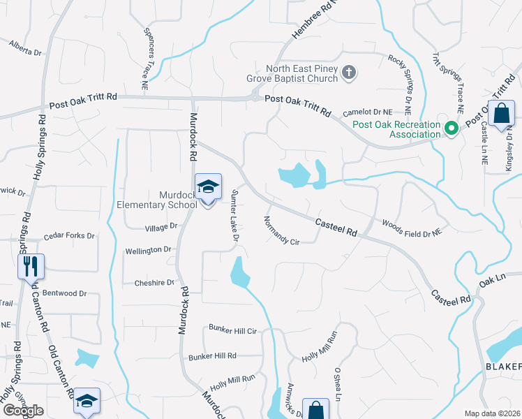 map of restaurants, bars, coffee shops, grocery stores, and more near 3158 Normandy Circle in Marietta