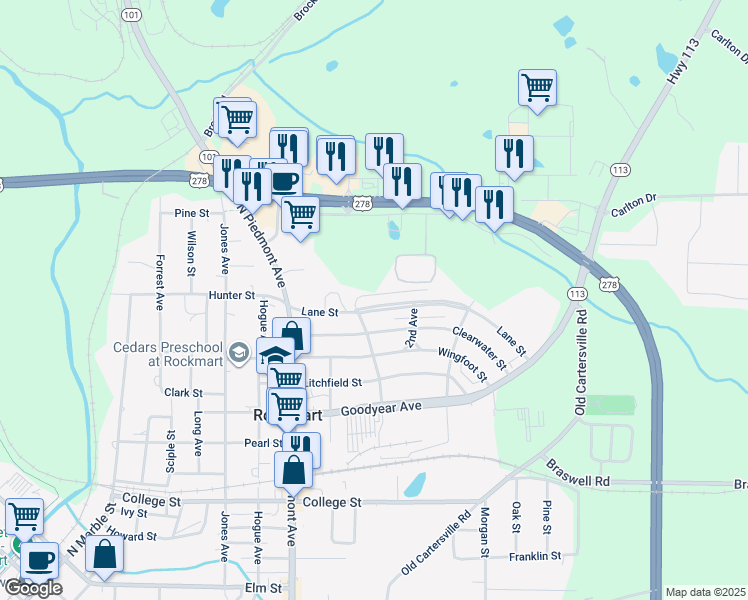 map of restaurants, bars, coffee shops, grocery stores, and more near 536 Lane Street in Rockmart