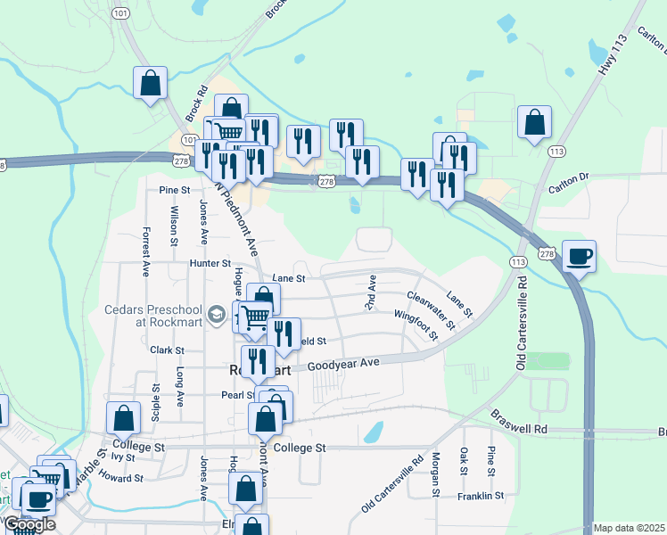 map of restaurants, bars, coffee shops, grocery stores, and more near 534 Lane Street in Rockmart