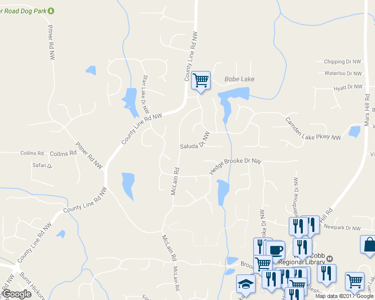 map of restaurants, bars, coffee shops, grocery stores, and more near 2462 Saluda Drive Northwest in Acworth
