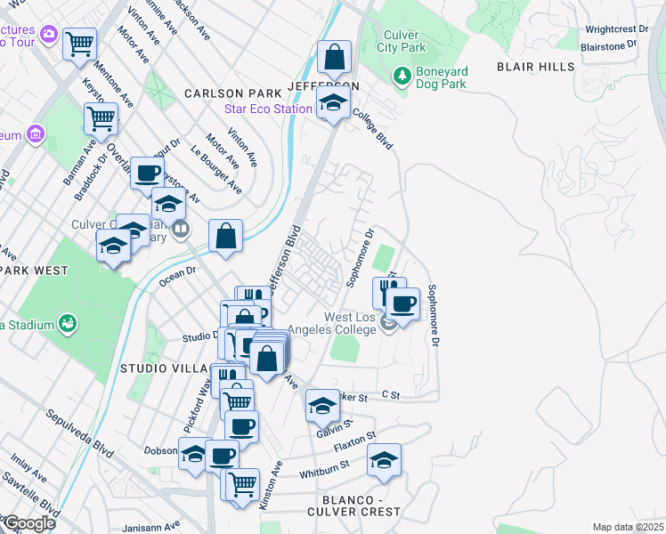 map of restaurants, bars, coffee shops, grocery stores, and more near 4830 Hollow Corner Road in Culver City