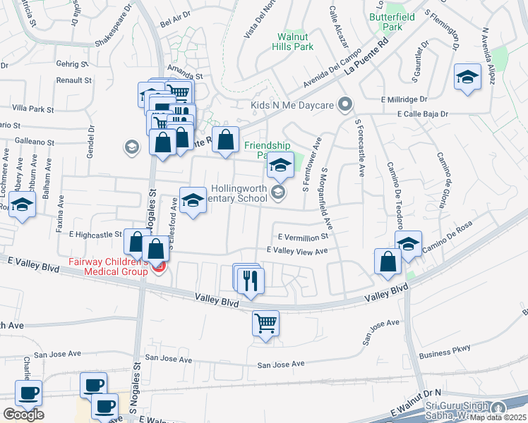 map of restaurants, bars, coffee shops, grocery stores, and more near 2928 East Hollingworth Street in West Covina