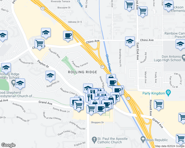 map of restaurants, bars, coffee shops, grocery stores, and more near 3350 Royal Ridge Road in Chino Hills