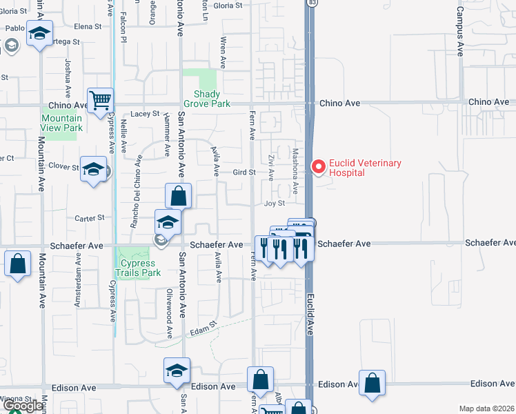 map of restaurants, bars, coffee shops, grocery stores, and more near 6911 Joy Street in Chino