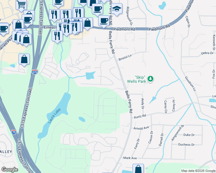 map of restaurants, bars, coffee shops, grocery stores, and more near 168 Parkstone Way in Marietta