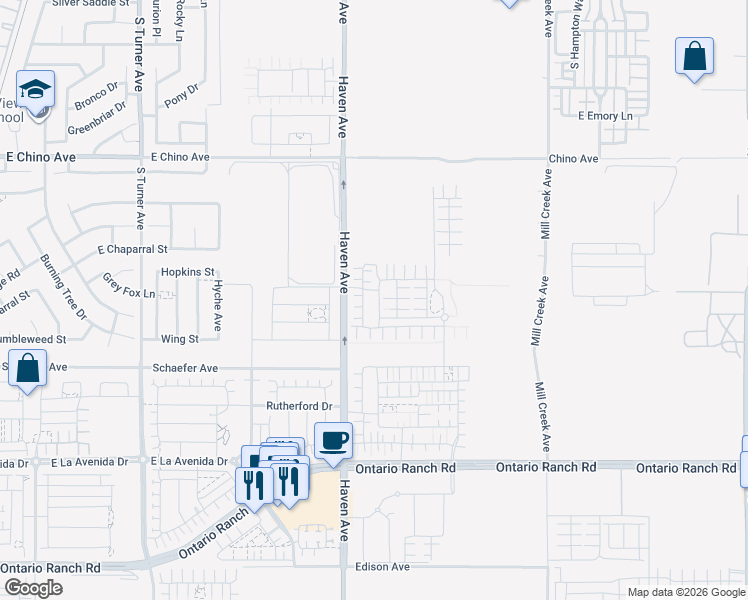 map of restaurants, bars, coffee shops, grocery stores, and more near 3661 South Allston Paseo in Ontario