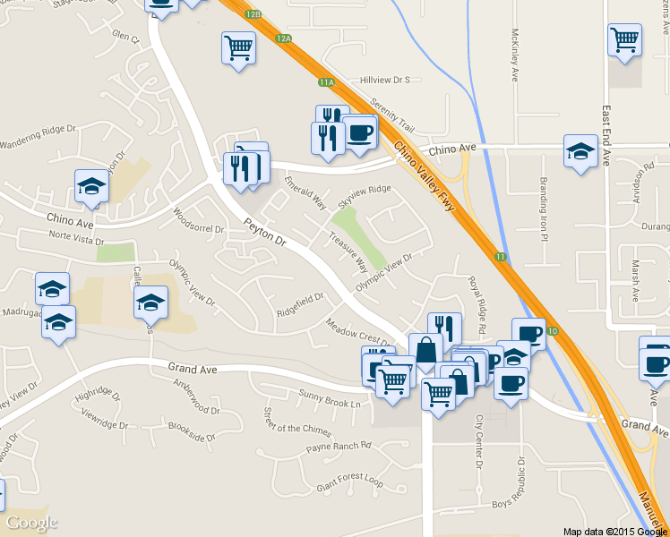 map of restaurants, bars, coffee shops, grocery stores, and more near 3107 Greenacre Road in Chino Hills