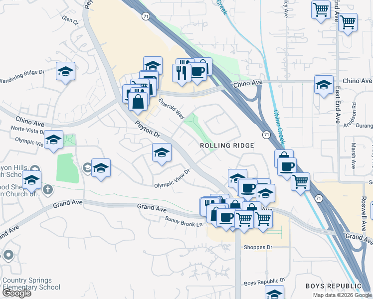 map of restaurants, bars, coffee shops, grocery stores, and more near 3146 Sunset Vista in Chino Hills