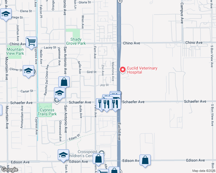 map of restaurants, bars, coffee shops, grocery stores, and more near 7019 Joy Street in Chino