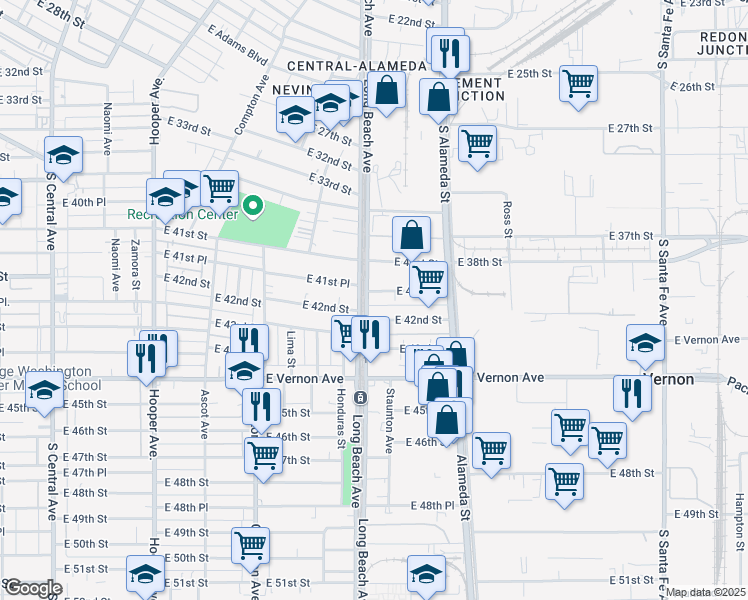 map of restaurants, bars, coffee shops, grocery stores, and more near 1706 East 41st Place in Vernon