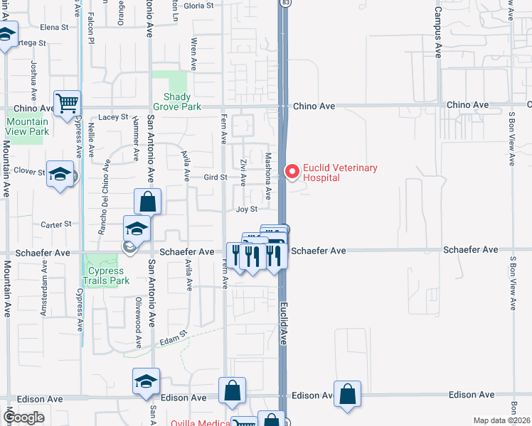 map of restaurants, bars, coffee shops, grocery stores, and more near 7065 Joy Street in Chino