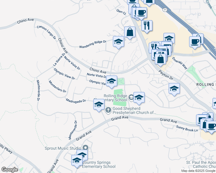 map of restaurants, bars, coffee shops, grocery stores, and more near 2575 Olympic View Drive in Chino Hills
