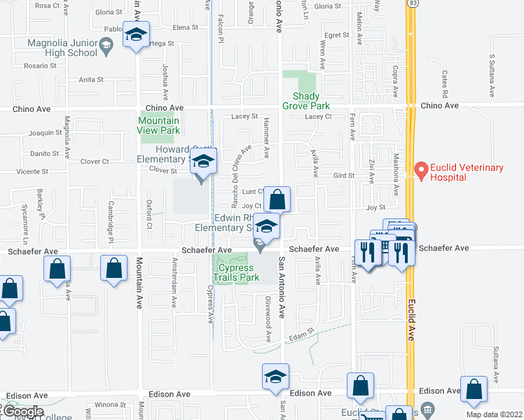 map of restaurants, bars, coffee shops, grocery stores, and more near 6633 Joy Court in Chino