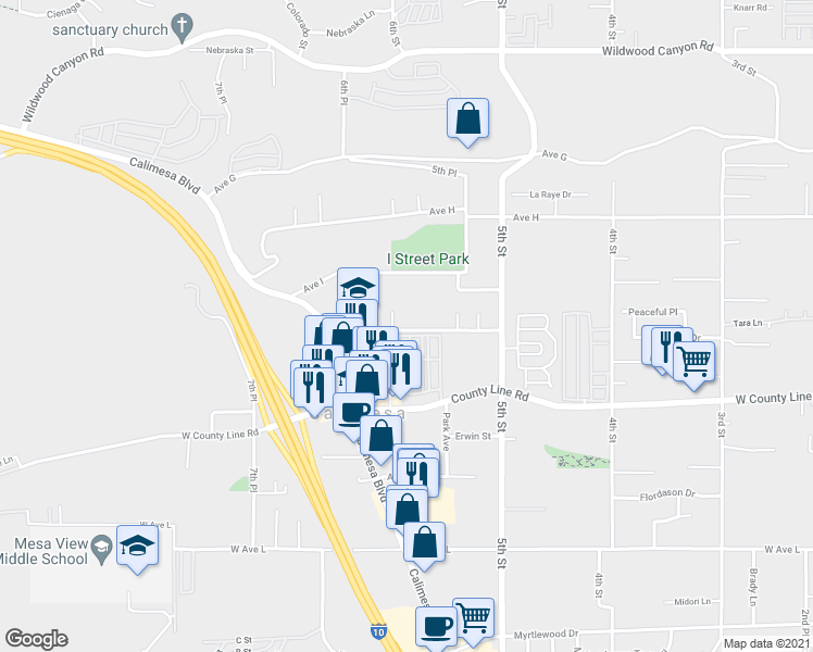 map of restaurants, bars, coffee shops, grocery stores, and more near 34126 Avenue J in Yucaipa