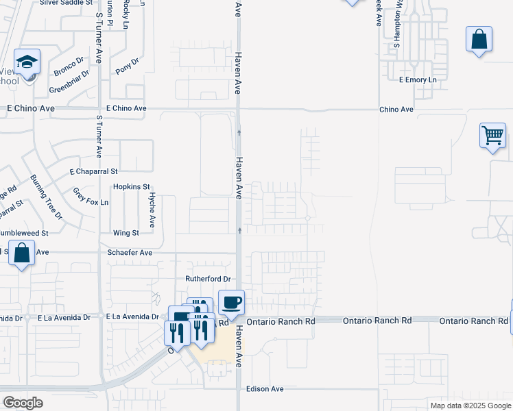 map of restaurants, bars, coffee shops, grocery stores, and more near 3661 South Allston Paseo in Ontario