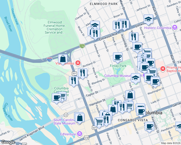 map of restaurants, bars, coffee shops, grocery stores, and more near 607 Laurel Street in Columbia