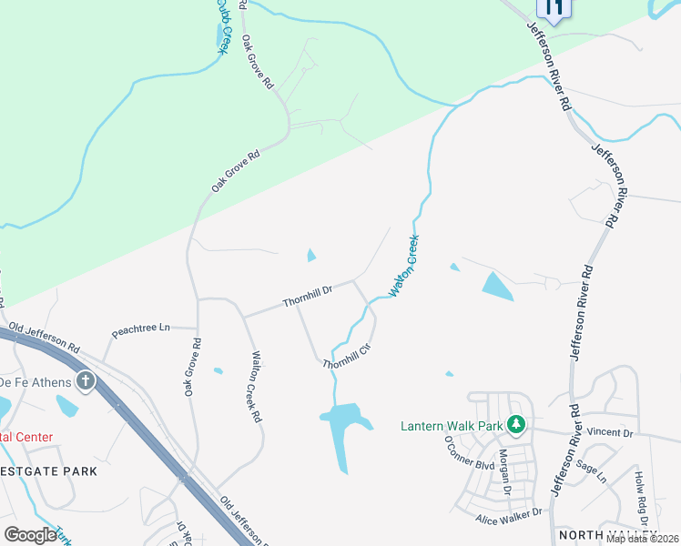 map of restaurants, bars, coffee shops, grocery stores, and more near 161 Thornhill Drive in Athens