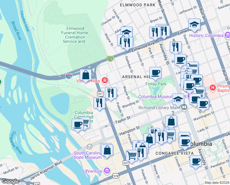 map of restaurants, bars, coffee shops, grocery stores, and more near 28 Taylors Hill Drive in Columbia
