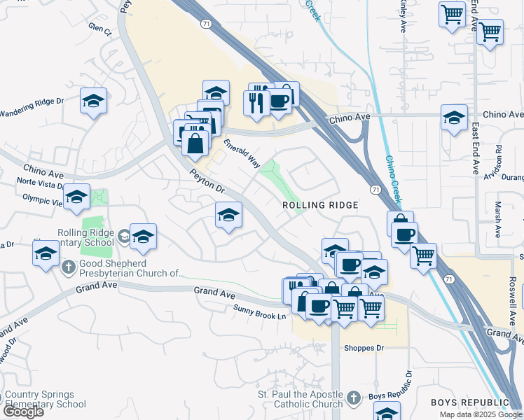map of restaurants, bars, coffee shops, grocery stores, and more near 3107 Greenacre Road in Chino Hills