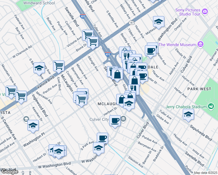 map of restaurants, bars, coffee shops, grocery stores, and more near 11358 Washington Place in Los Angeles