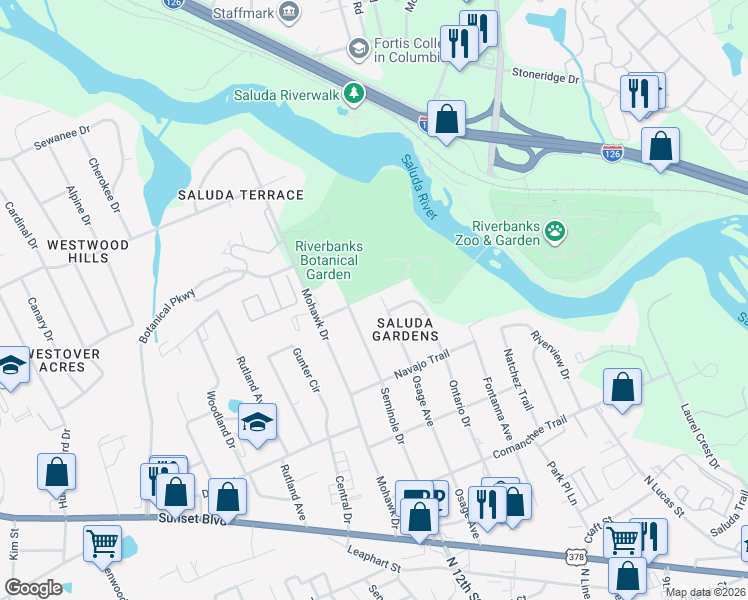 map of restaurants, bars, coffee shops, grocery stores, and more near 1133 Osage Avenue in West Columbia