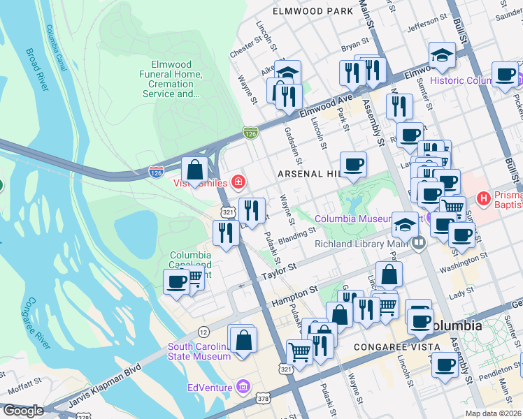 map of restaurants, bars, coffee shops, grocery stores, and more near 100 Taylors Hill Drive in Columbia