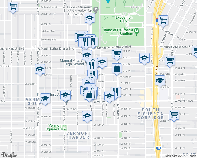 map of restaurants, bars, coffee shops, grocery stores, and more near 4223 Menlo Avenue in Los Angeles
