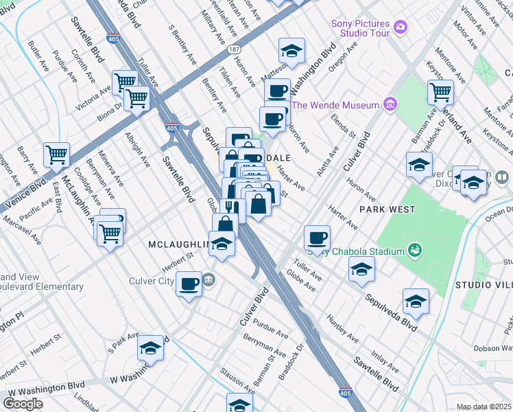 map of restaurants, bars, coffee shops, grocery stores, and more near 4114 Sepulveda Boulevard in Culver City