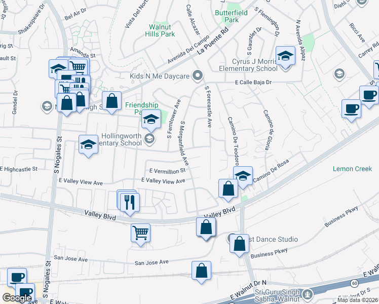 map of restaurants, bars, coffee shops, grocery stores, and more near 3145 East Merrygrove Street in West Covina