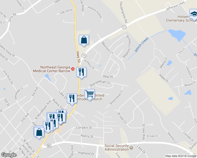 map of restaurants, bars, coffee shops, grocery stores, and more near 318 Shenandoah Circle in Winder