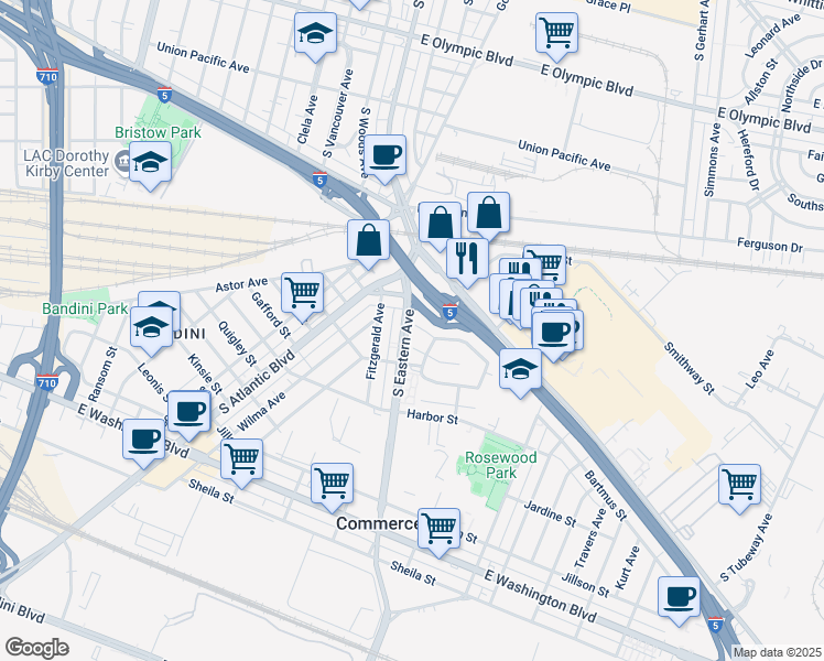 map of restaurants, bars, coffee shops, grocery stores, and more near 5480 East Village Drive in Commerce