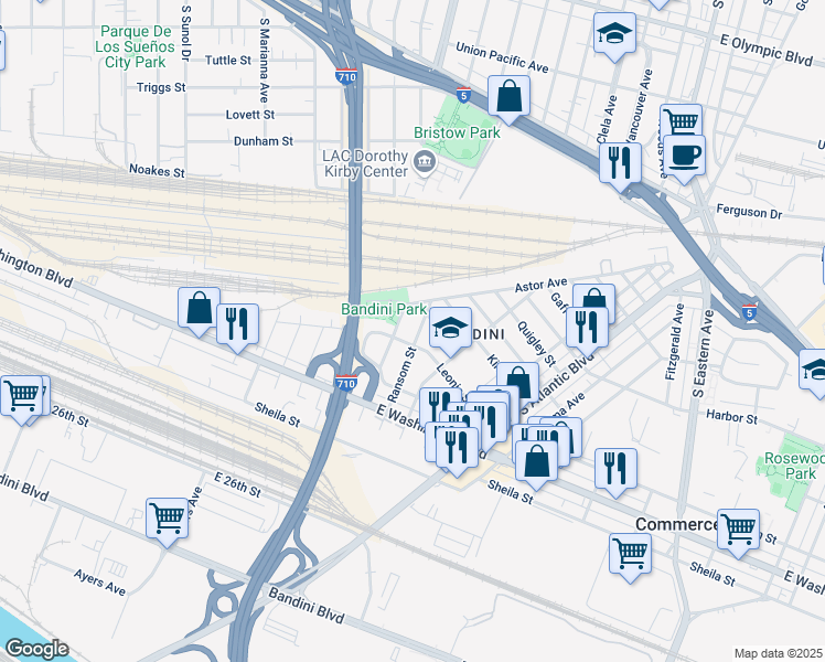 map of restaurants, bars, coffee shops, grocery stores, and more near 4901 Leonis Street in Commerce
