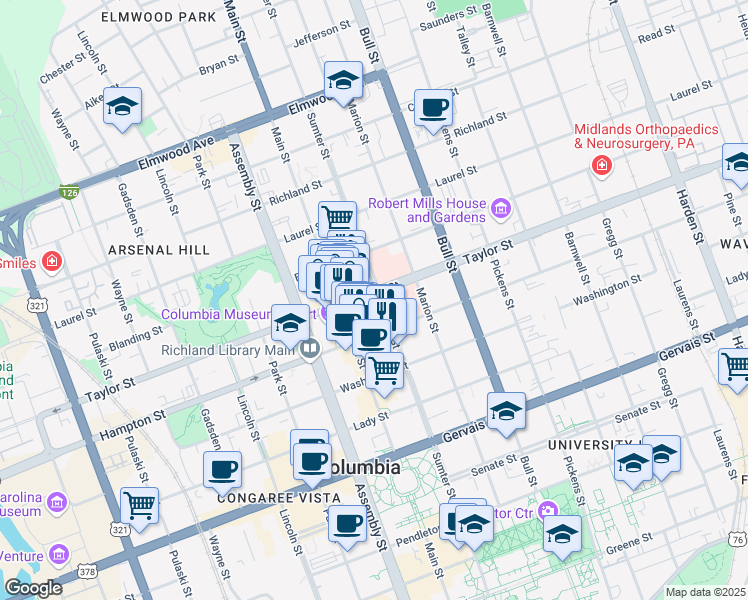 map of restaurants, bars, coffee shops, grocery stores, and more near 1220 Taylor Street in Columbia
