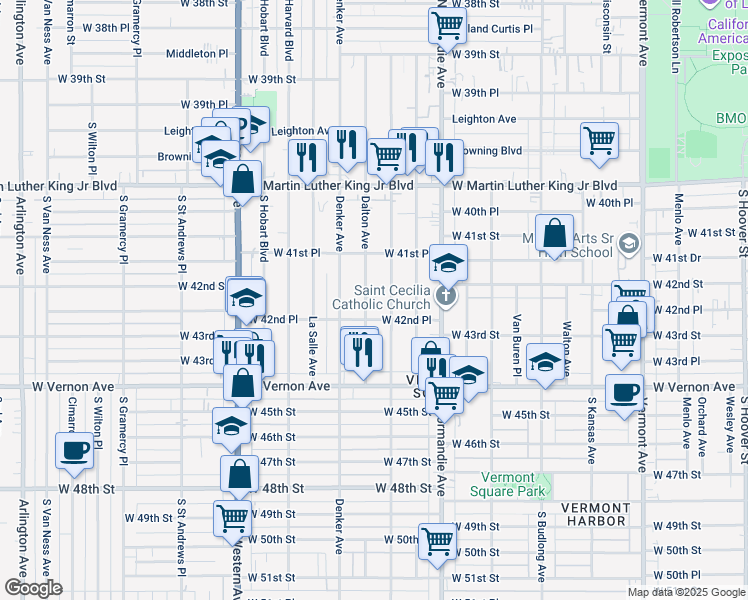 map of restaurants, bars, coffee shops, grocery stores, and more near 4216 Dalton Avenue in Los Angeles