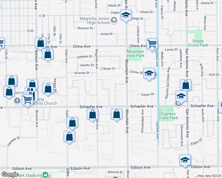 map of restaurants, bars, coffee shops, grocery stores, and more near 13581 Scarborough Place in Chino