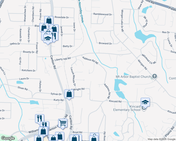 map of restaurants, bars, coffee shops, grocery stores, and more near 2322 Talamill Drive Northeast in Marietta