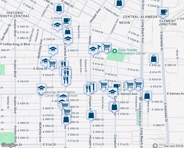 map of restaurants, bars, coffee shops, grocery stores, and more near 4222 Hooper Avenue in Los Angeles