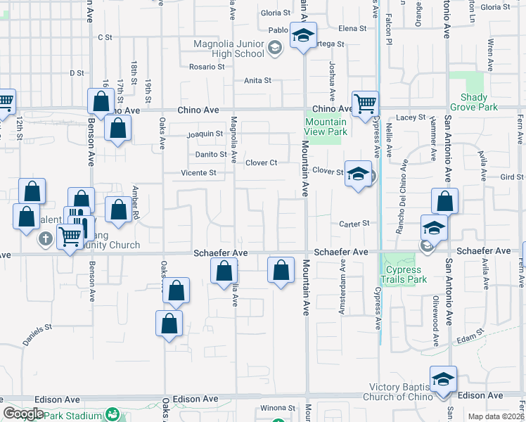 map of restaurants, bars, coffee shops, grocery stores, and more near 13000 Scarborough Place in Chino