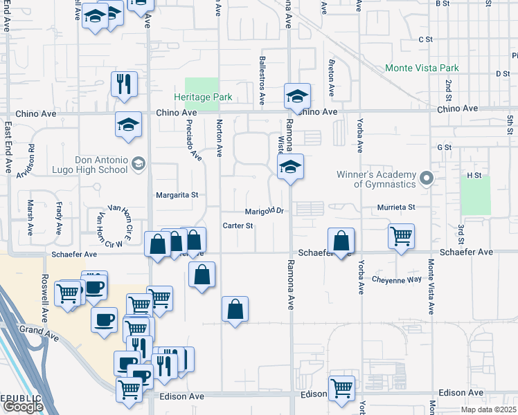 map of restaurants, bars, coffee shops, grocery stores, and more near 4439 Marigold Drive in Chino