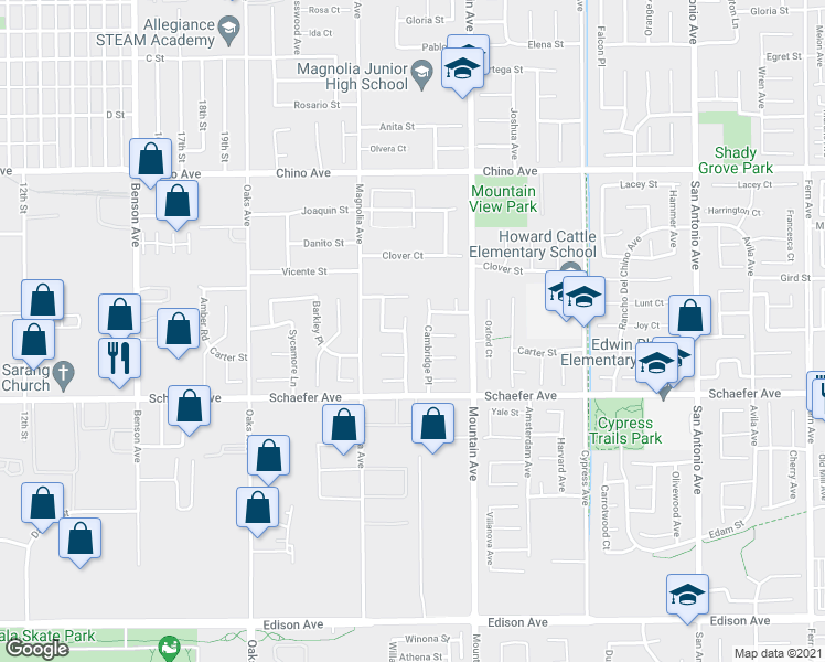 map of restaurants, bars, coffee shops, grocery stores, and more near 13581 Scarborough Place in Chino