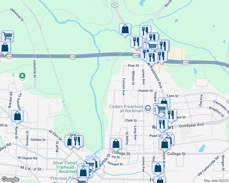 map of restaurants, bars, coffee shops, grocery stores, and more near 573 North Marble Street in Rockmart