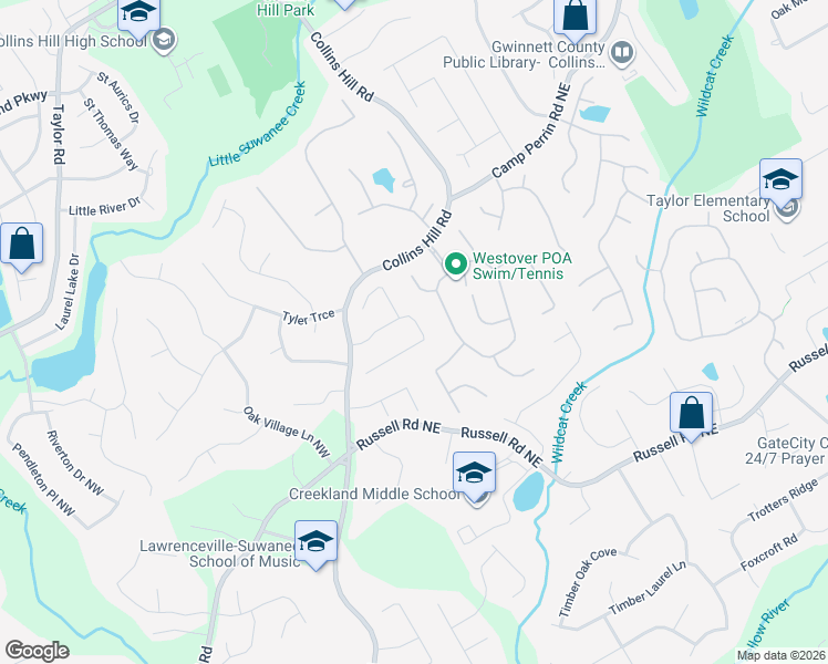 map of restaurants, bars, coffee shops, grocery stores, and more near 165 Foster Trace Drive in Lawrenceville