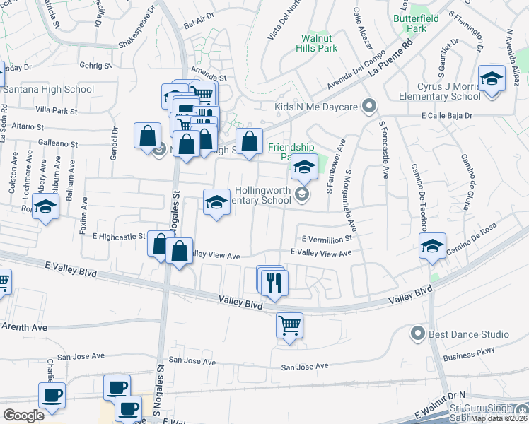 map of restaurants, bars, coffee shops, grocery stores, and more near 520 South Frankfurt Avenue in West Covina