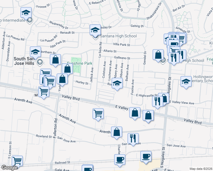 map of restaurants, bars, coffee shops, grocery stores, and more near 18631 Pacato Road in La Puente